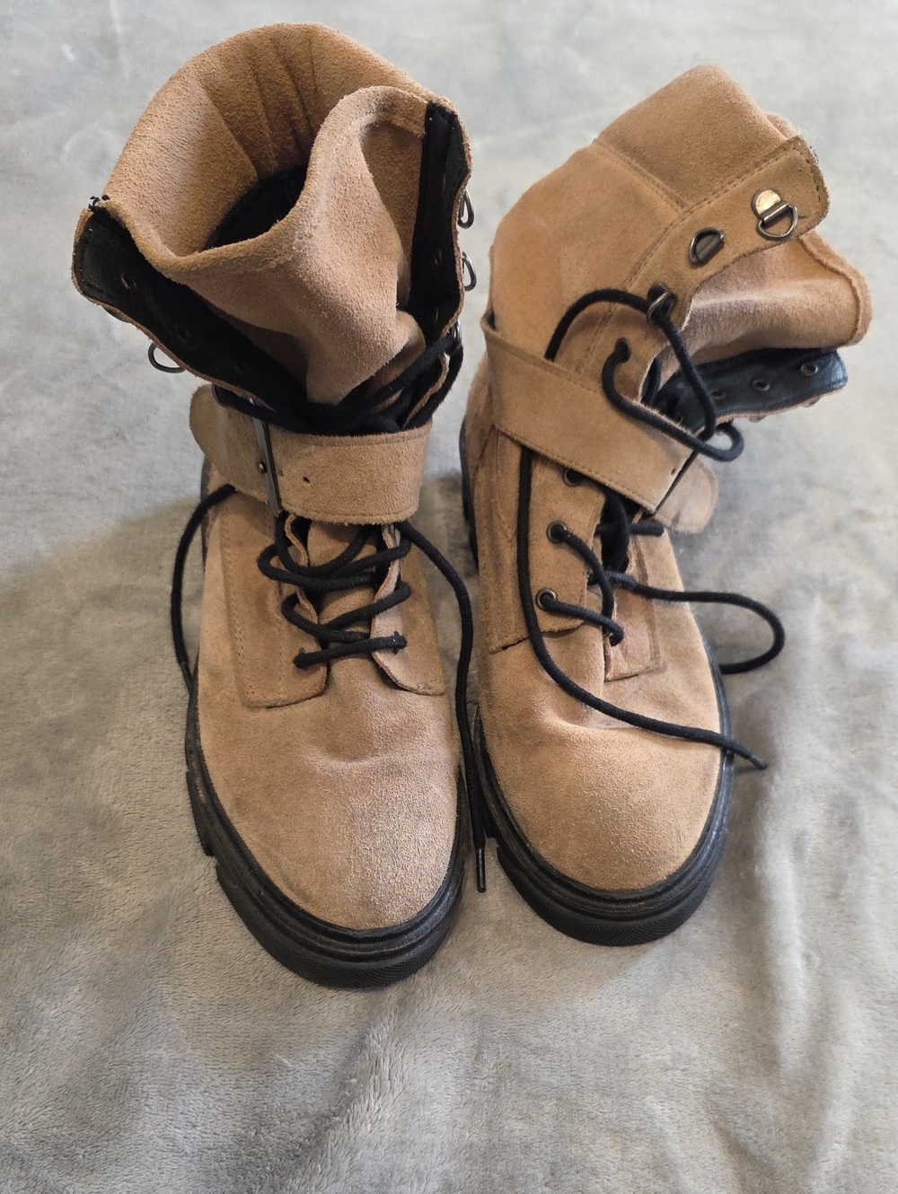 Topshop Tan Suede Lace-Up Combat Boots with Strap and Black Sole
